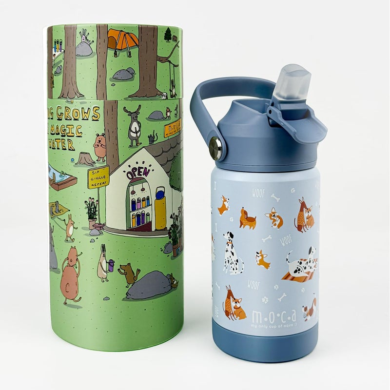 Moca Kids Water Bottle 350ml | Hot&Cold Stainless Steel Sipper Bottle for Kids with Soft Nozzle |Boys & Girls KIds Leak-Proof Bottle for School & Travel | Non-Slip Base (Woofy) - Image 1