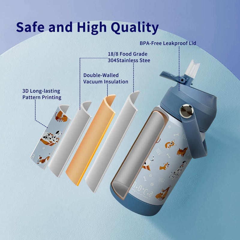 Moca Kids Water Bottle 350ml | Hot&Cold Stainless Steel Sipper Bottle for Kids with Soft Nozzle |Boys & Girls KIds Leak-Proof Bottle for School & Travel | Non-Slip Base (Woofy) - Image 2