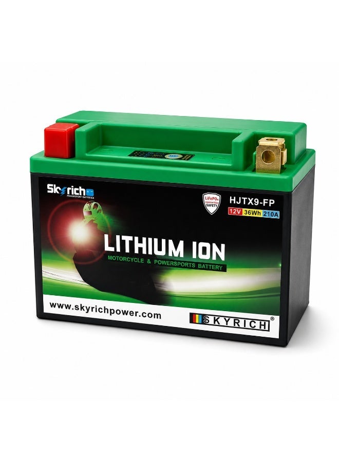 Skyrich HJTX9-FP 12V 36Wh 210A LiFePO4 Lithium Motorcycle Battery | Lightweight Maintenance-Free Rechargeable Starter Battery | Replaces YTX9-BS, YTR9-BS, GT9B-BS, FT9B-4 | For Motorcycle, ATV & Scooter - Image 1