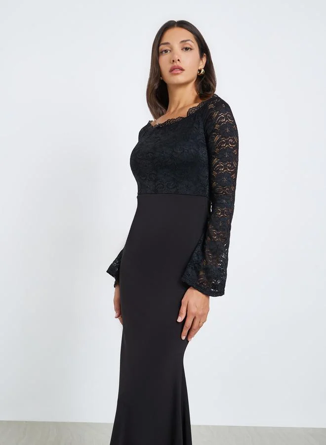 Styli Women Black Lace Off Shoulder Maxi Dress