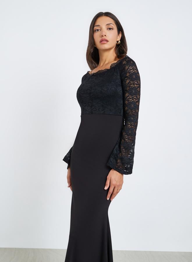 Styli Women Black Lace Off Shoulder Maxi Dress - Image 2