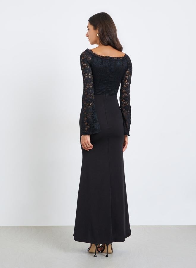Styli Women Black Lace Off Shoulder Maxi Dress - Image 5