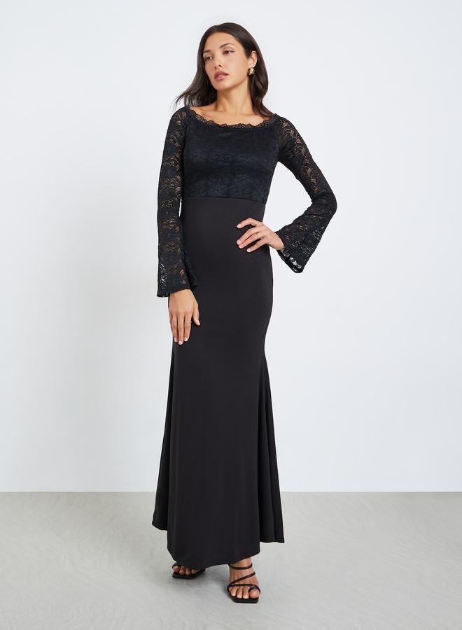 Styli Women Black Lace Off Shoulder Maxi Dress - Image 1