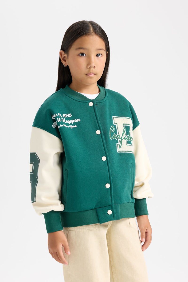 DeFacto Girl College Collar Pocketed Light Printed Thick Bomber Jacket - Image 1