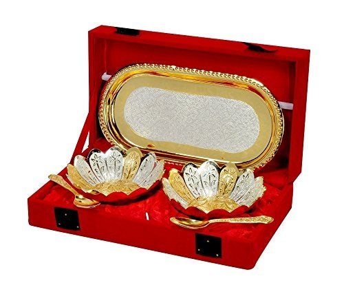 DESIGNOX Gold Silver Plated Bowl with Tray Spoon Set 5 Piece Best for Birthday Anniversary Coorporate Return Gift Pack of 2 - Image 2