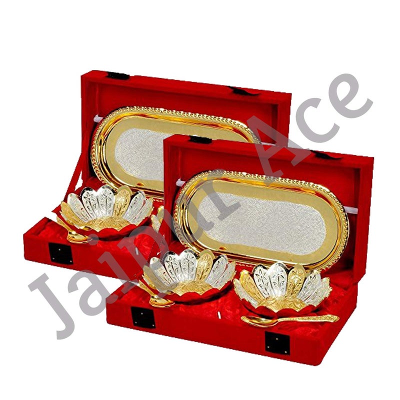 DESIGNOX Gold Silver Plated Bowl with Tray Spoon Set 5 Piece Best for Birthday Anniversary Coorporate Return Gift Pack of 2 - Image 1