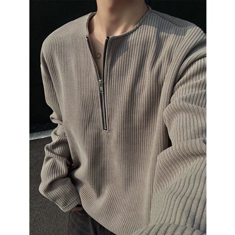 Solid Color Pit Strip Half Zipper Sweater Men'S New Base Shirt Round Neck Loose Retro Simple Long-Sleeved T-Shirt - Image 1