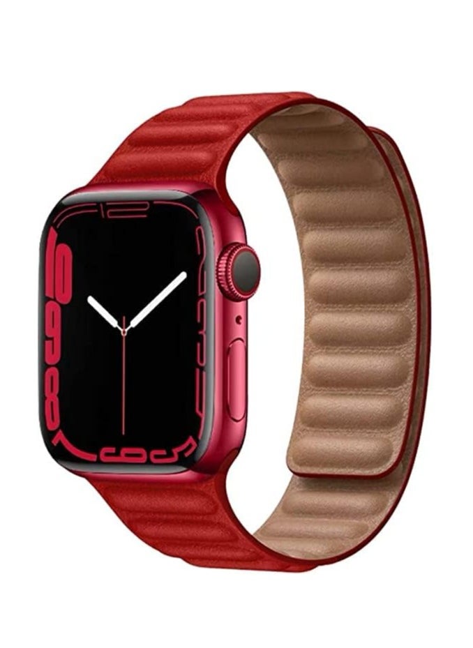 ten.tech - TenTech Magnetic Genuine Leather Watch Band for Apple Watch Ultra/Ultra 2, Size 49mm 45mm 44mm 42, Adjustable Sport Band with Magnetic Closure for iWatch Series 9/8/7/6/5/4/3/2 /1/SE – red - Image 1