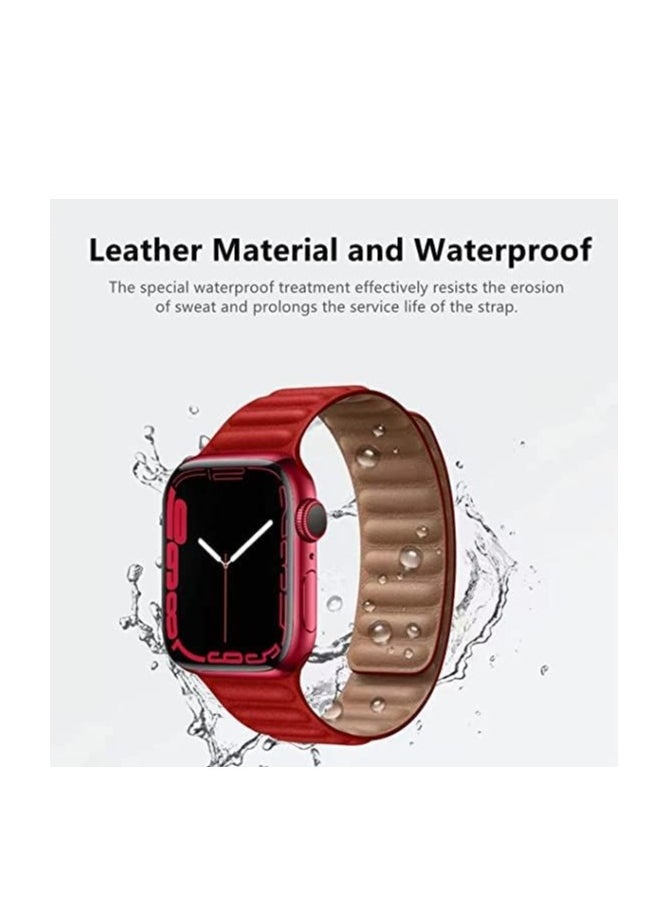 ten.tech - TenTech Magnetic Genuine Leather Watch Band for Apple Watch Ultra/Ultra 2, Size 49mm 45mm 44mm 42, Adjustable Sport Band with Magnetic Closure for iWatch Series 9/8/7/6/5/4/3/2 /1/SE – red - Image 1