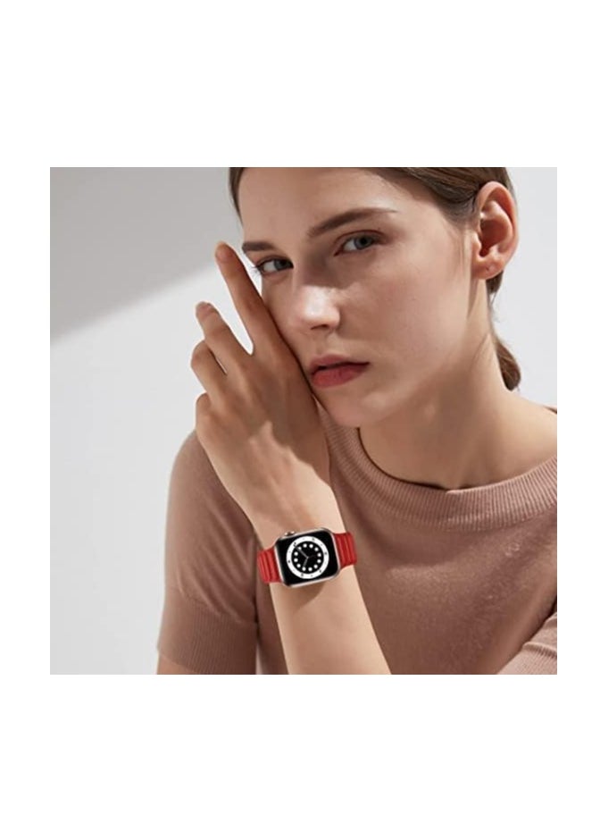ten.tech - TenTech Magnetic Genuine Leather Watch Band for Apple Watch Ultra/Ultra 2, Size 49mm 45mm 44mm 42, Adjustable Sport Band with Magnetic Closure for iWatch Series 9/8/7/6/5/4/3/2 /1/SE – red - Image 1