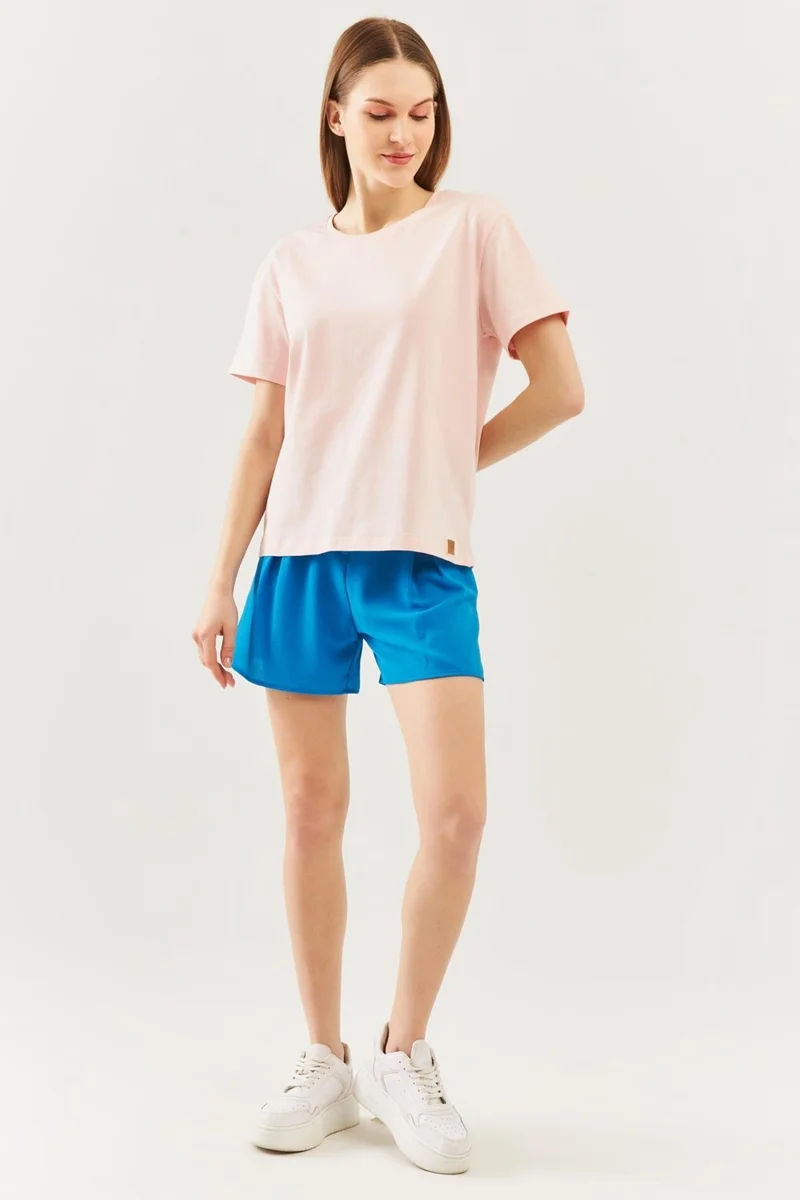 بوتيكجيز Pudra Oversize Rahat Pamuklu Penye Bisiklet Yaka Kısa Kol Basic T-Shirt