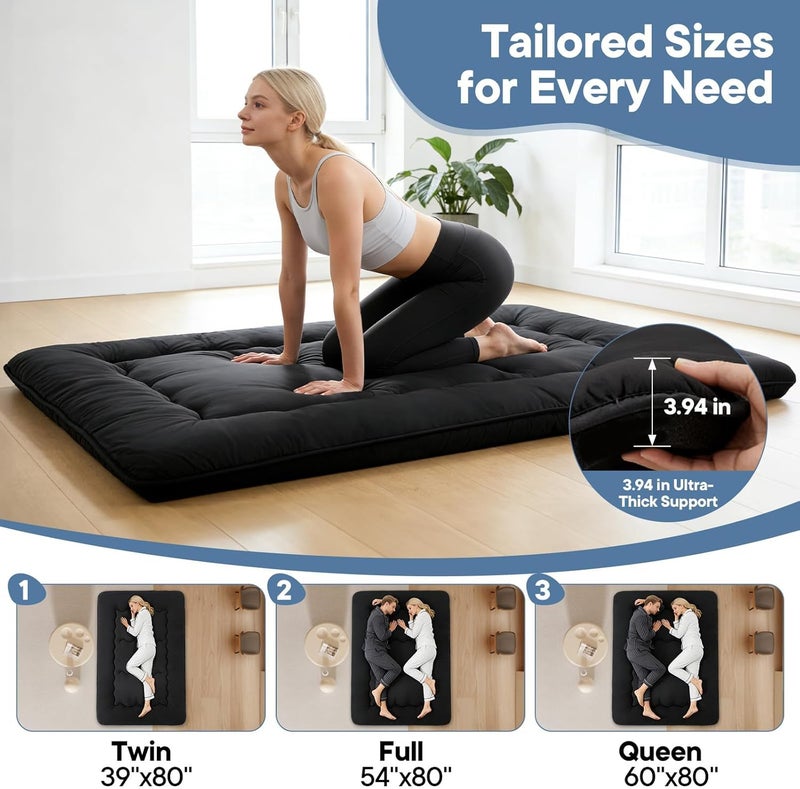 XICEN Japanese Floor Mattress, Futon Mattress with Portable Storage Bag and Washable Cover, Roll Up Thick Tatami Mat Suitable for Camping, Guest Room (Black) - Image 3