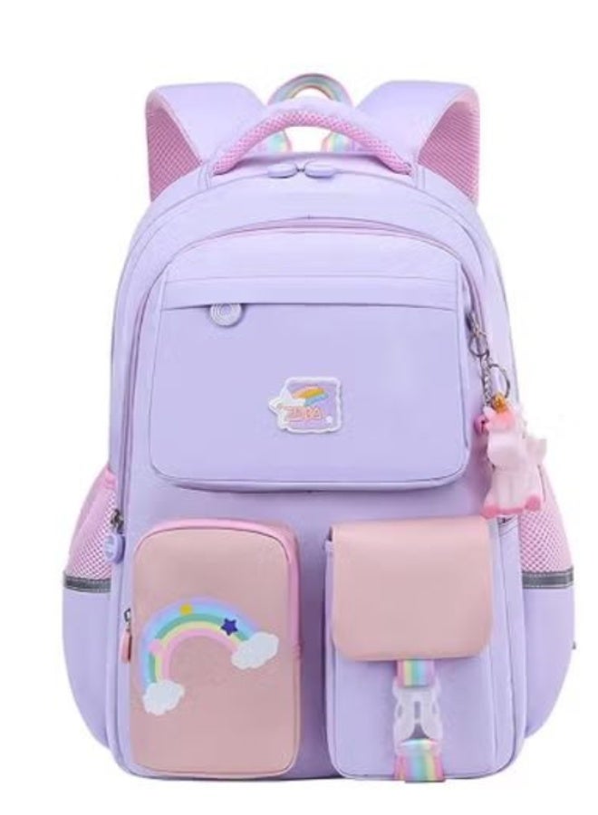 Pastel Purple Rainbow Backpack: Cute Unicorn Charm School Bag with Multiple Pockets
