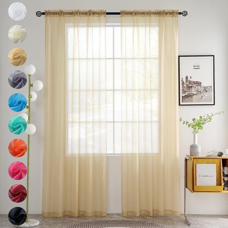 youleyar Solid Sheer Rod Pocket Curtain Voile Draperies 2 Panels White Beige Black Grey Coffee 60 Inch Width 84 Inch Long 1 Pair for Kitchen Bedroom Children Living Room Yard(Beige 60Wx84L) - Image 1