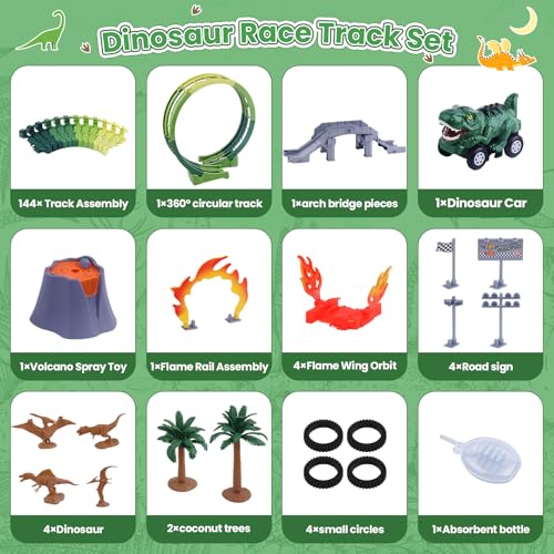 Beffkkip Dinosaur Race Track Set 144PCS Flexible Track with Action Loop 1 HighSpeed Dino Race Car 1 Mist Volcano Dinosaur Track Toy for Kids 3 4 5 6 7 Years Boys Girls Birthday Gift - Image 5