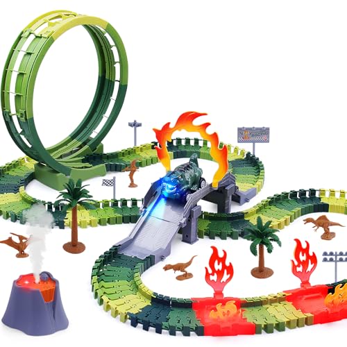Beffkkip Dinosaur Race Track Set 144PCS Flexible Track with Action Loop 1 HighSpeed Dino Race Car 1 Mist Volcano Dinosaur Track Toy for Kids 3 4 5 6 7 Years Boys Girls Birthday Gift - Image 1