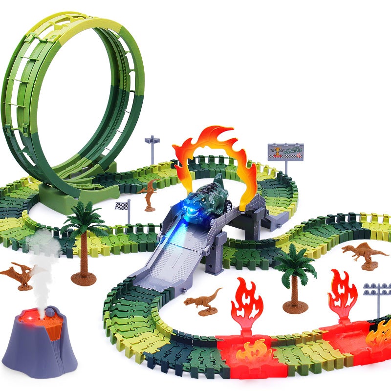 Beffkkip Dinosaur Race Track Set 144PCS Flexible Track with Action Loop 1 HighSpeed Dino Race Car 1 Mist Volcano Dinosaur Track Toy for Kids 3 4 5 6 7 Years Boys Girls Birthday Gift - Image 3
