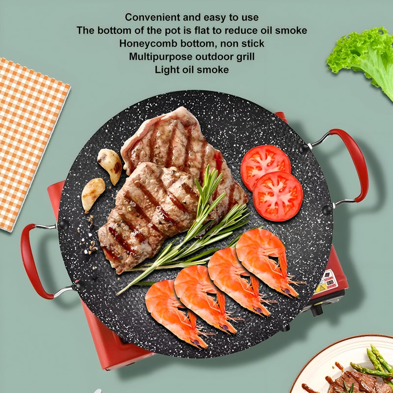 Grill Pan - Heavy Duty Korean BBQ Non-Stick Round Iron Griddle with Anti-Scalding Handle and Medical Stone Coating for Gas, Ceramic, and Camping Stove Cooking Adventures (30cm/11.8in) - Image 3