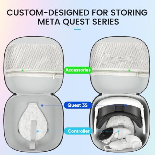 SARLAR حقيبة حمل صلبة سارلار BS2 لجهاز Meta Quest 3S/Quest 3/Oculus Quest 2 VR، حقيبة سفر محمولة للحماية مع غطاء عدسة تناسب وحدة التحكم، حزام الرأس الأصلي، كابل الشحن والمحولات، باللون الأسود - Image 3