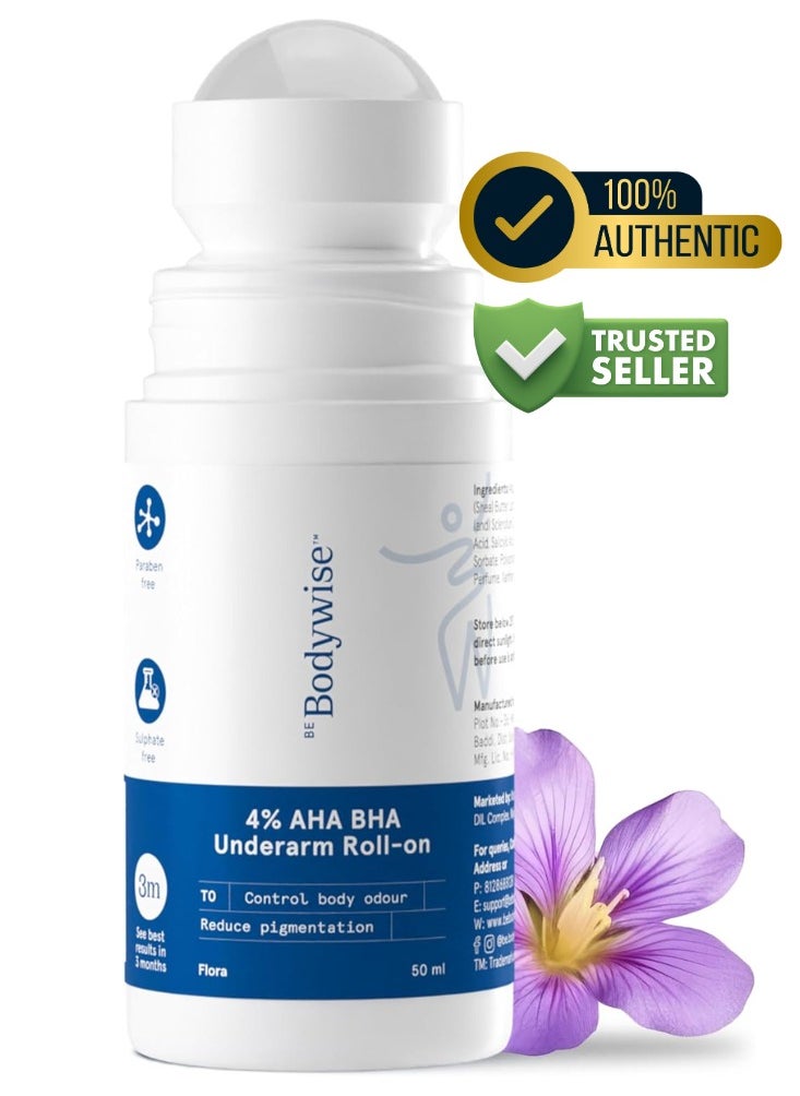 Be Bodywise 4% AHA BHA Underarm Roll On, Flora,  50ml  - Image 1