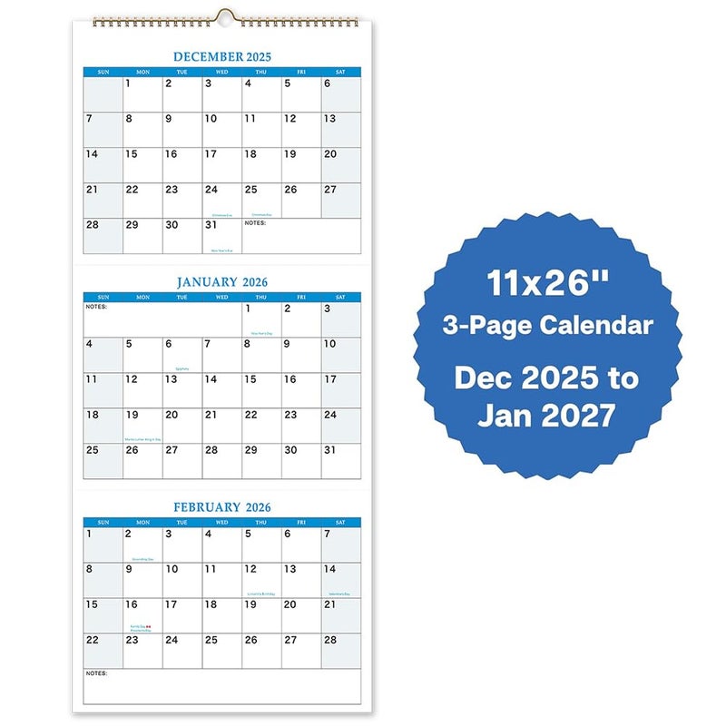 Dayvorax 2026 Wall Calendar - 3 Month Calendar 2026 Vertical, Dec 2025 - Jan 2027, 3 Month Wall Calendar, 11 x 26 In Open, 2026 Calendar with Large Print, Holidays, Thick Paper, large blocks & Notes - Image 1