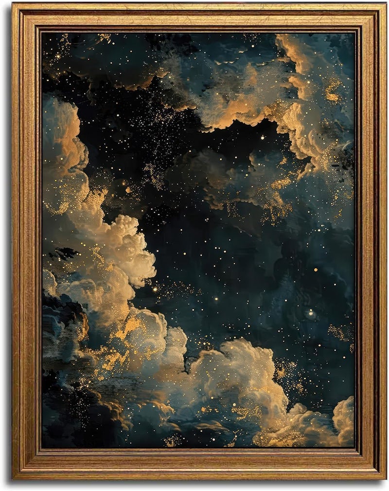 Aroutde Vintage Gold Framed Moody Celestial Wall Art, Cloud Print Abstract Night Sky Stars Art Poster Maximalist Gothic Canvas Wall Decor for Living Room Bedroom Apartment (10L x 8W, Framed) - Image 1