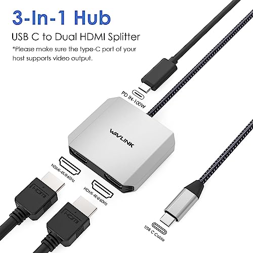 WAVLINK USB C to Dual HDMI Splitter 4K@60Hz, 3-in-1 Adapter with 87W Power Delivery for Dell XPS, HP, Lenovo, Thunderbolt 3/4 Laptops, Windows Systerm Laptops Only - Image 2