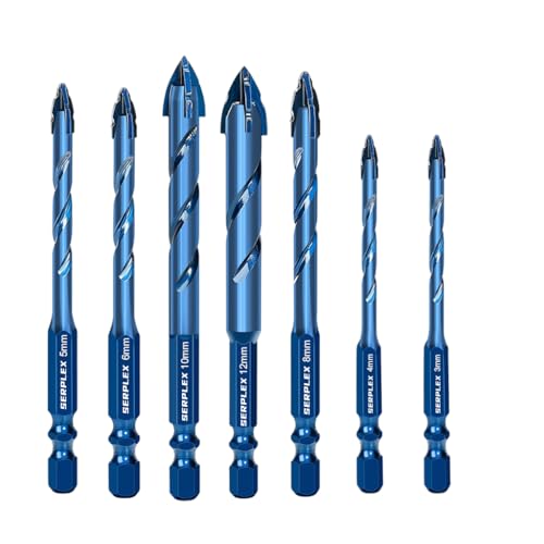 Serplex® 7Pcs Masonry Drill Bit Set with Industrial Strength Tungsten Steel Carbide Tips, 3/4/5/6/8/10/12mm Hexagonal Handle Drilling Bits for Wood, Glass, Tile, Metal (up to 3mm), and Plastic - Image 1