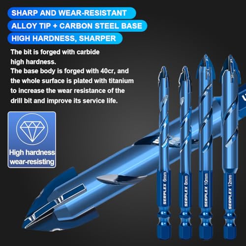 Serplex® 7Pcs Masonry Drill Bit Set with Industrial Strength Tungsten Steel Carbide Tips, 3/4/5/6/8/10/12mm Hexagonal Handle Drilling Bits for Wood, Glass, Tile, Metal (up to 3mm), and Plastic - Image 5
