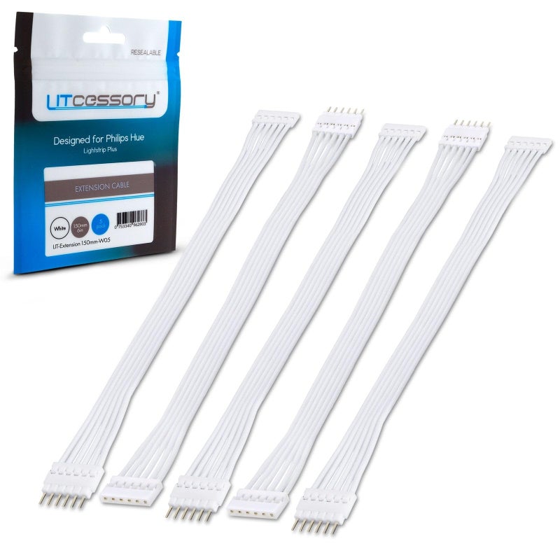 Litcessory Extension Cable for Philips Hue Lightstrip Plus (6in, 5 Pack, White - Standard 6-PIN V3) - Image 1