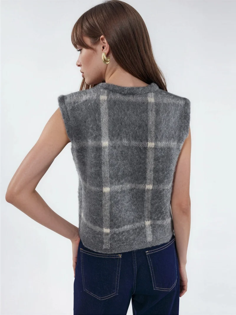 Hiccup Plaid Crew Neck Sweater Vest with Buttons