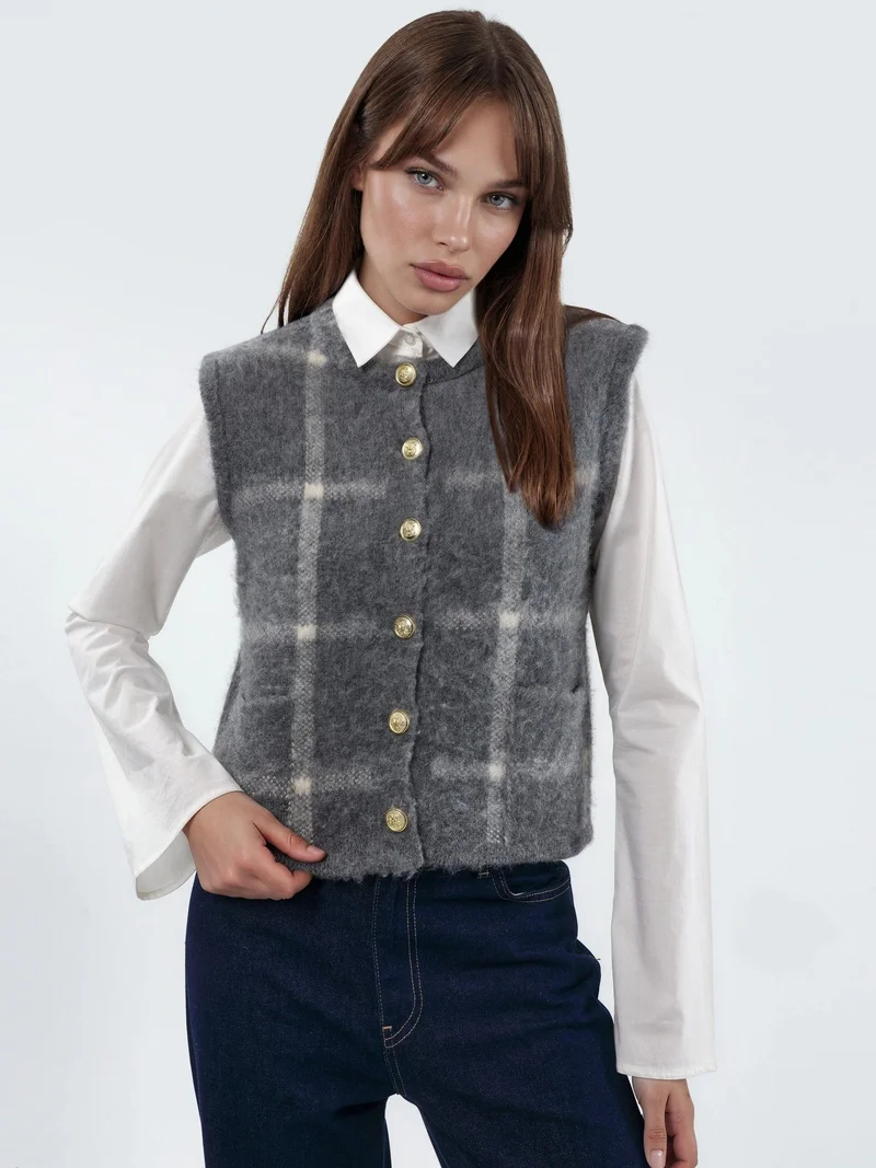 Plaid Crew Neck Sweater Vest with Buttons