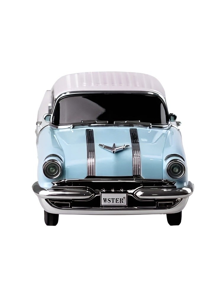 ويستر مكبر صوت بلوتوث على شكل سيارة عتيقة مع راديو، مكبر صوت لاسلكي محمول ببطارية 1500 مللي أمبير في الساعة، مكبر صوت بلوتوث على شكل سيارة أزرق فاتح وأبيض - Image 2