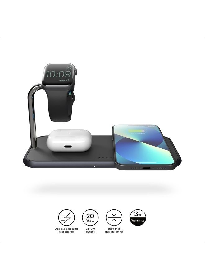 Zens Dual 10-Watt Aluminum Wireless Charging Pad and Watch Charger Station, Qi and MFi Certified, Supports Apple and Samsung Fast Charge, Adapter Included (Black)  - Image 1