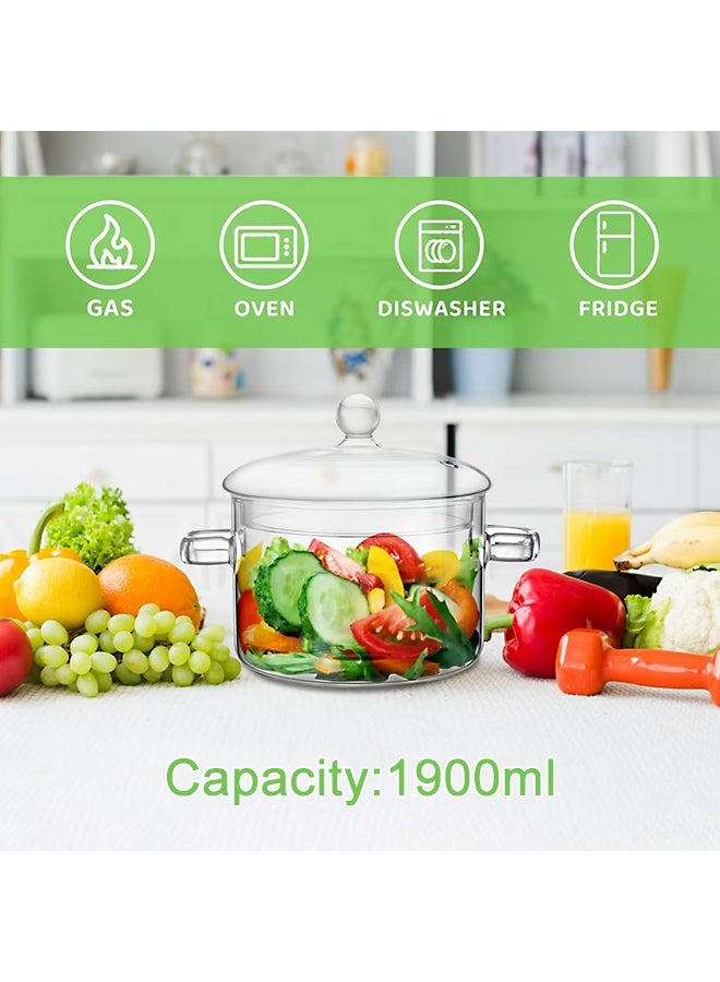 هاهاهاي وعاء طبخ زجاجي سعة 1.9 لتر مع غطاء، قدر زجاجي شفاف للطهي مع مقابض مقاومة للحروق، مصنوع من زجاج البورسليكات المقاوم للحرارة، مناسب للطهي، الحساء، الحليب، الشاي وطعام الأطفال. - Image 4