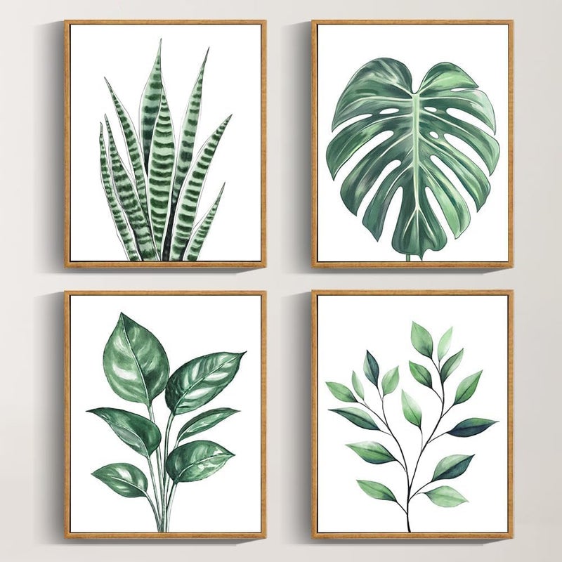 Drsoum Botanical Canvas Framed Wall Art Watercolor Green Leaf Tropical Plant Art Prints Boho Decor for Bedroom Bathroom Kitchen Home Office Decorations 8"x 10"x 4pcs - Image 1