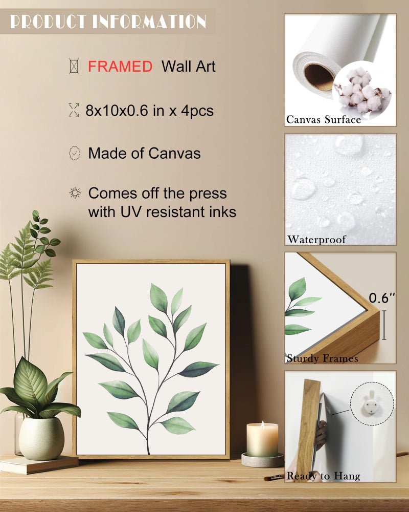 Drsoum Botanical Canvas Framed Wall Art Watercolor Green Leaf Tropical Plant Art Prints Boho Decor for Bedroom Bathroom Kitchen Home Office Decorations 8"x 10"x 4pcs - Image 3