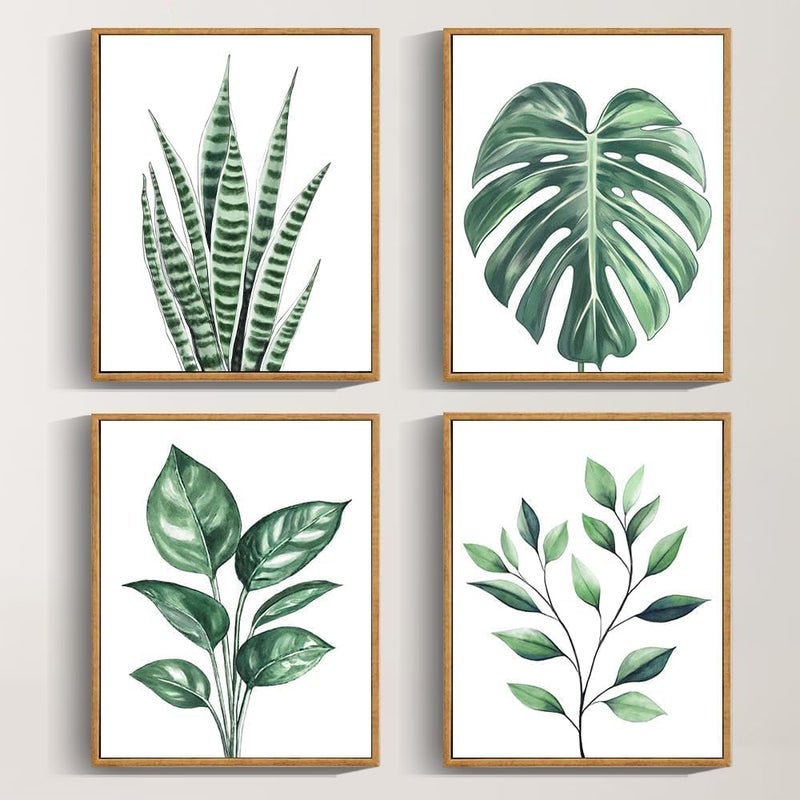Drsoum Botanical Canvas Framed Wall Art Watercolor Green Leaf Tropical Plant Art Prints Boho Decor for Bedroom Bathroom Kitchen Home Office Decorations 8"x 10"x 4pcs - Image 1