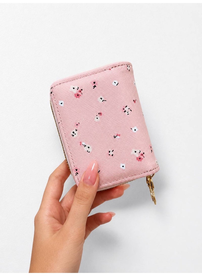 Women's Double Zipper Small Wallet & Card Holder - Compact Floral Credit Card Organizer with Coin Pocket - Pink - Image 1