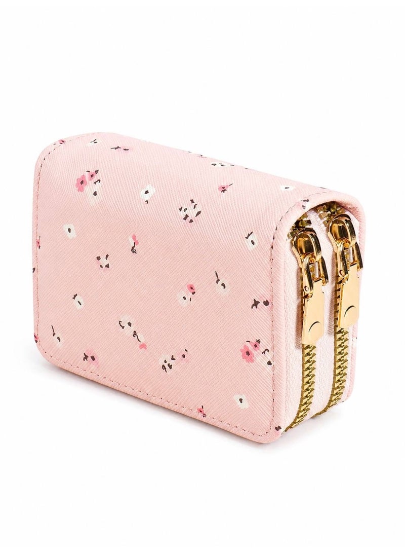 Women's Double Zipper Small Wallet & Card Holder - Compact Floral Credit Card Organizer with Coin Pocket - Pink - Image 2