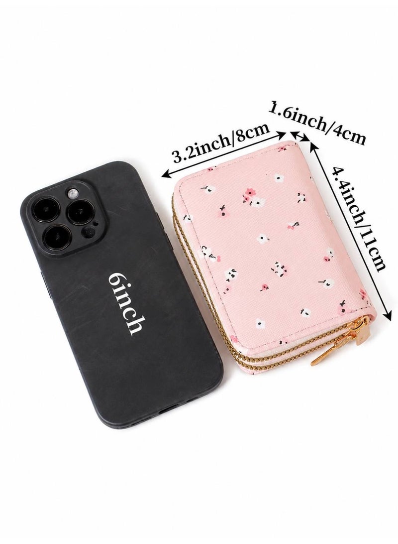 Women's Double Zipper Small Wallet & Card Holder - Compact Floral Credit Card Organizer with Coin Pocket - Pink - Image 4