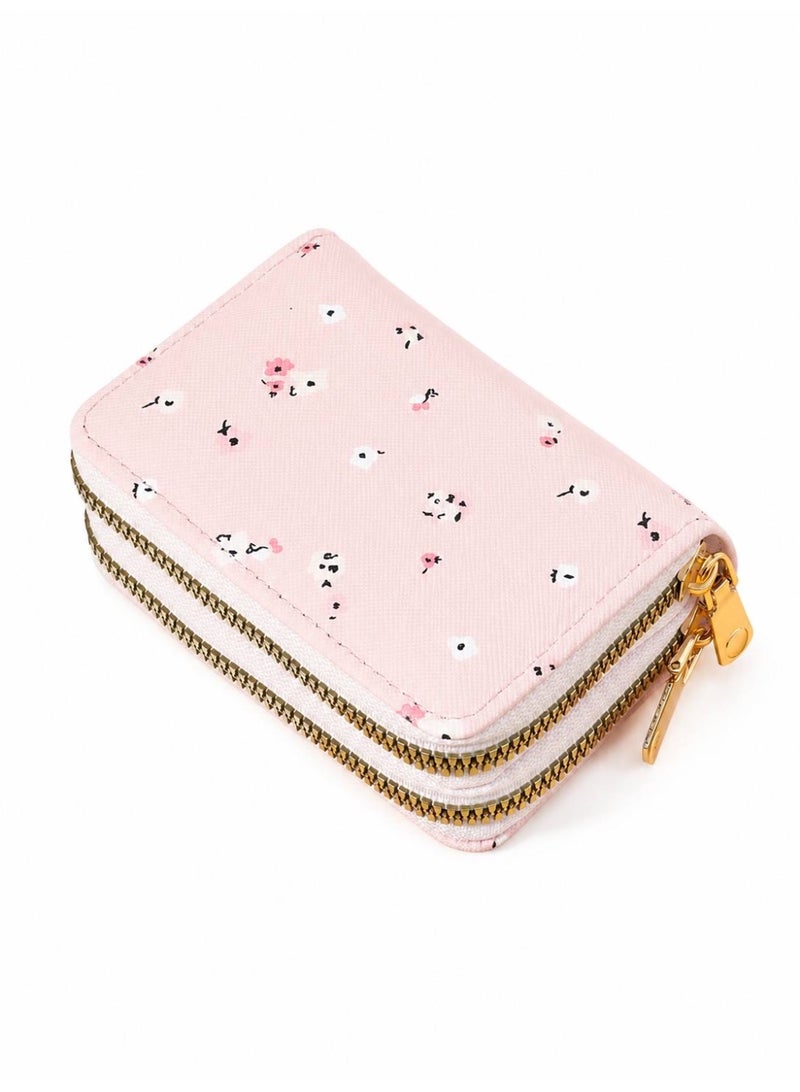 Women's Double Zipper Small Wallet & Card Holder - Compact Floral Credit Card Organizer with Coin Pocket - Pink - Image 5