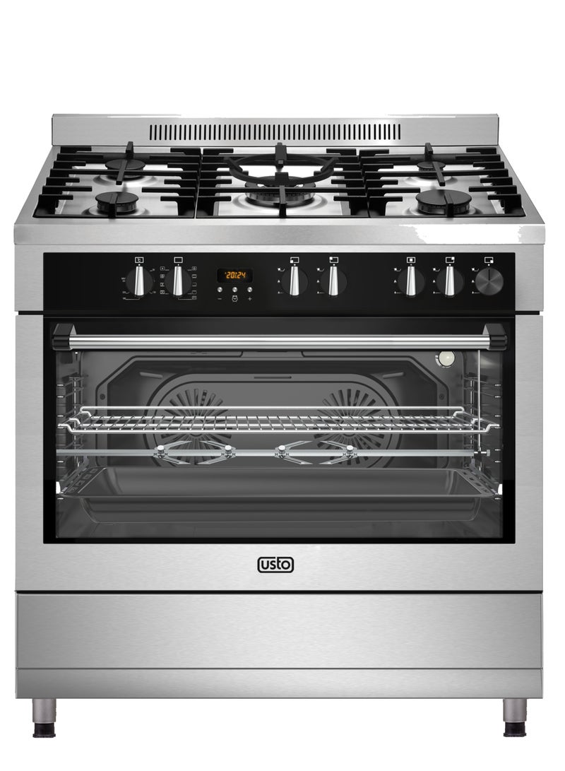 USTO Usto Turkish Gas Oven, Professional, 60*90 Cm, 105L, 5 Burners, Heavy Iron, Surface Cooling Fan, Heat Distribution Fan, Steel - ASF9502SGWBB-SMF01