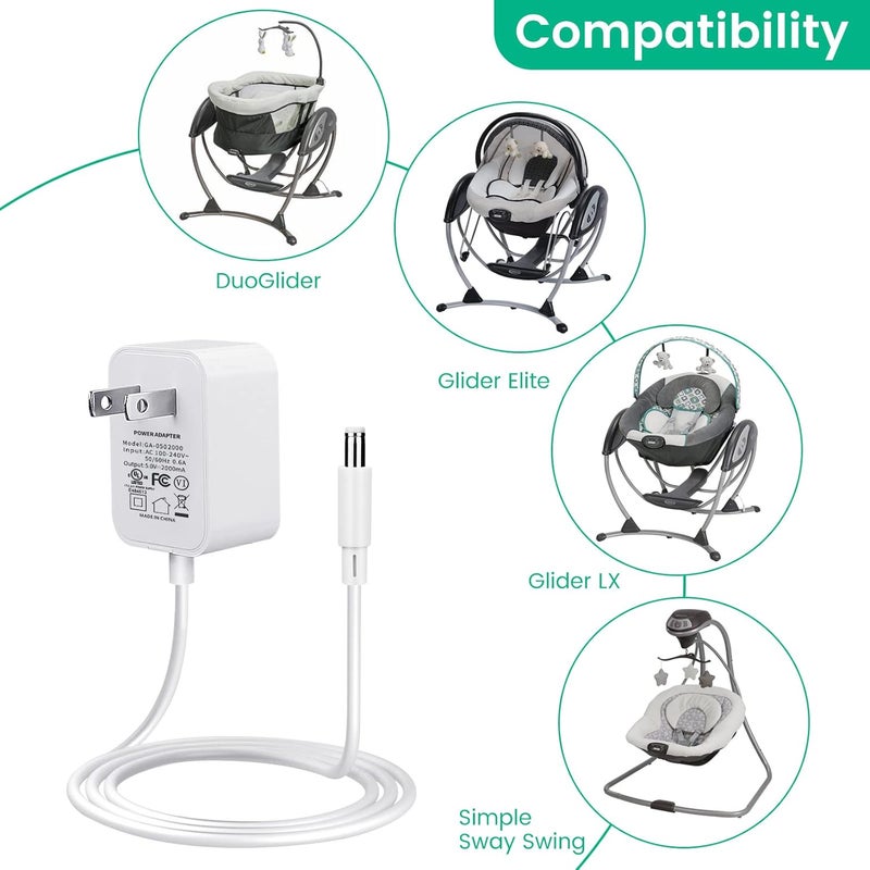 Smays سلك طاقة بديل لجهاز Graco DuetSoothe Simple Sway Swing Glider LX DuoGlider Sweetpeace 5V شاحن مهد الأطفال باللون الأبيض - Image 2