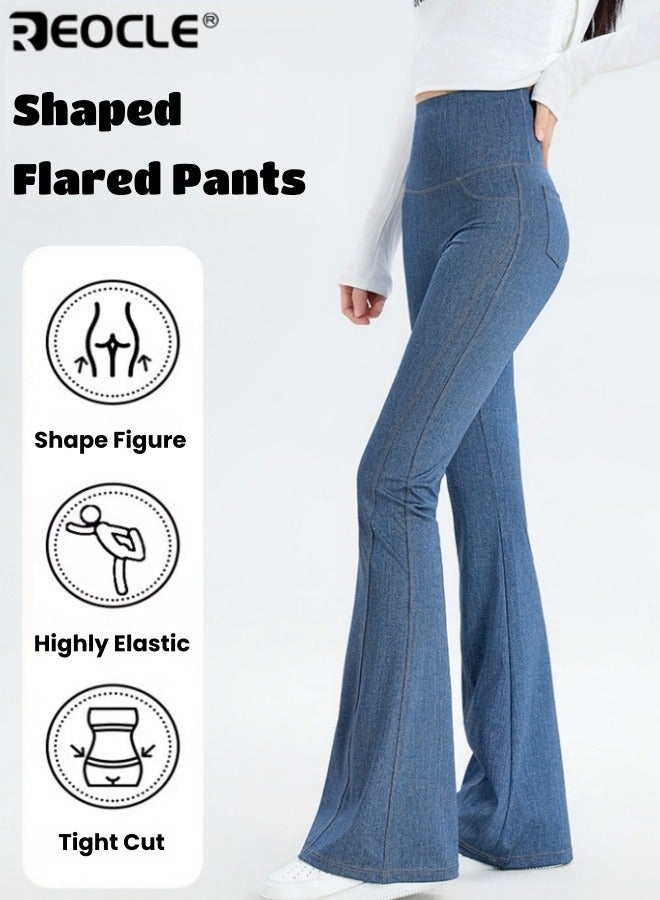 REOCLE Women's Flared Pants Slim Fit Jeans High Waist Pocket Jeans Casual Daily Wear - Image 2