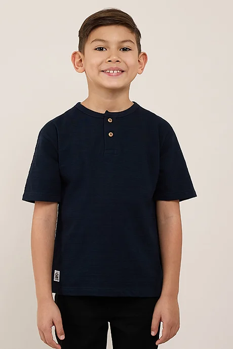 أر أند بي Textured T-Shirt with Henley Neck and Short Sleeves