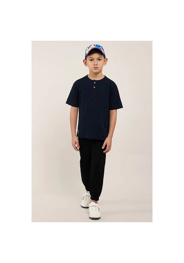 أر أند بي Textured T-Shirt with Henley Neck and Short Sleeves