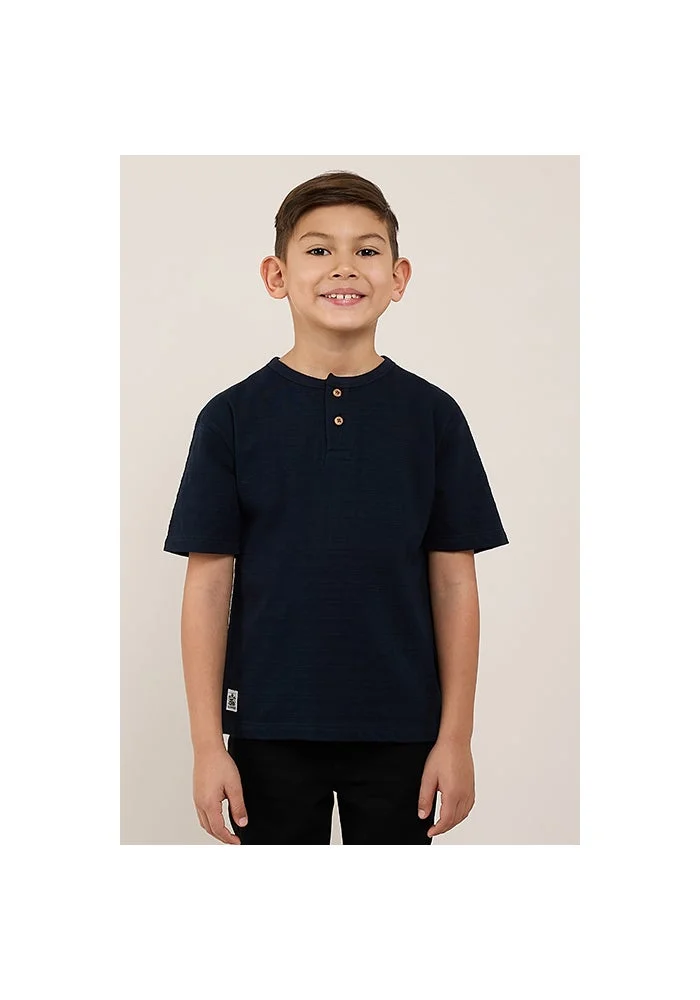 أر أند بي Textured T-Shirt with Henley Neck and Short Sleeves