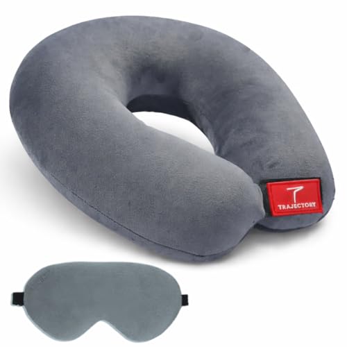 Trajectory Travel Neck Pillow with Sleeping Eye Mask Combo for Travelling and Sleeping in Airplane Flight, Cab, Car, Train, Bus for Men and Women Grey(As seen on Shark Tank) - Image 1