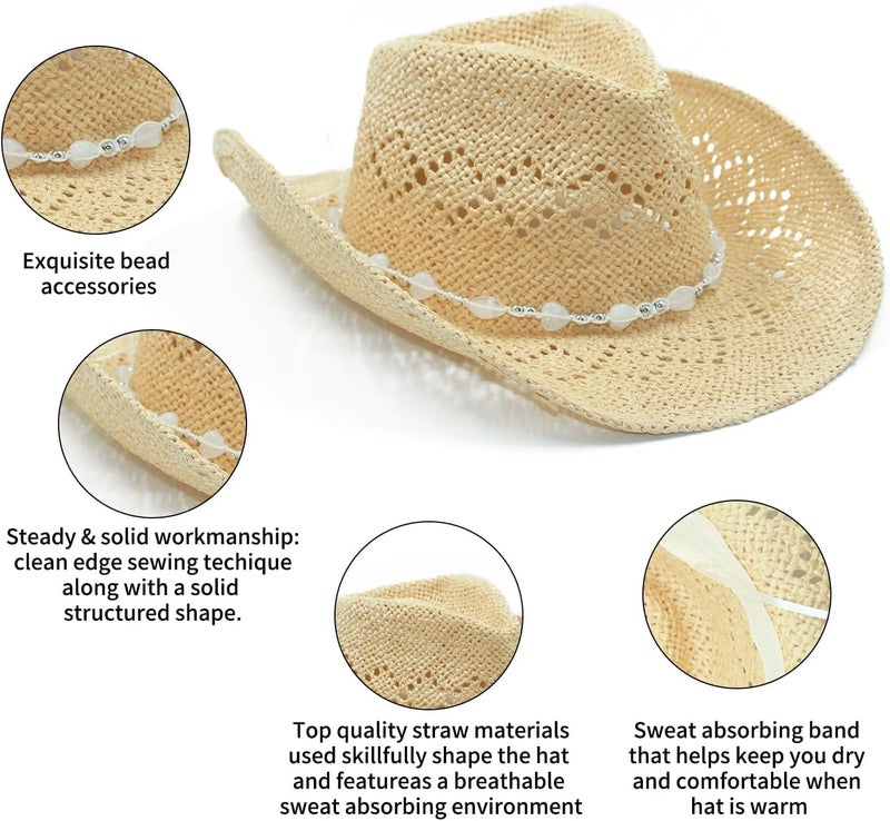 SOLARAE Straw Cowboy Hat for Men Women with Beaded Trim and Shapeable Brim Travel Sun Cowgirl Summer Panama Outdoor Family Stay Cool Shaded in Style - Image 3